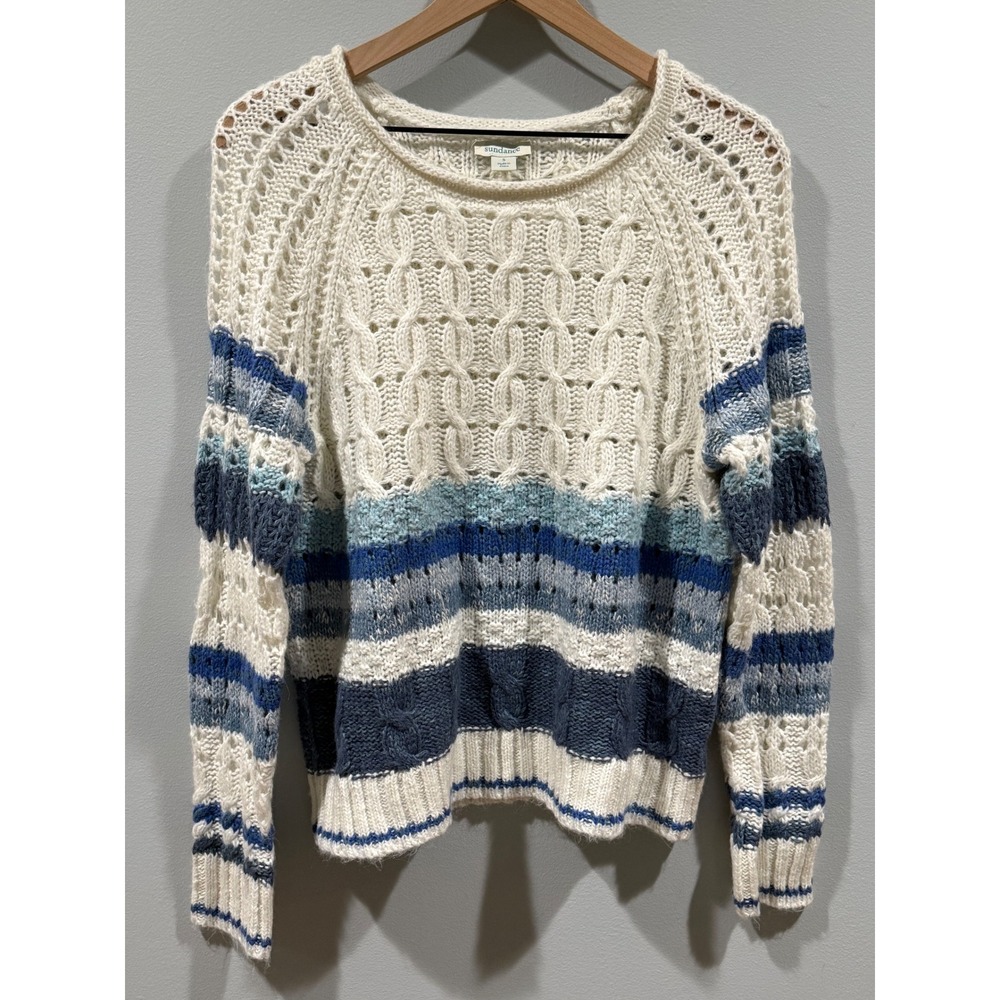 Sundance Open Cable Knit Waters Edge Sweater Striped Cream‎ Blue Women's Small